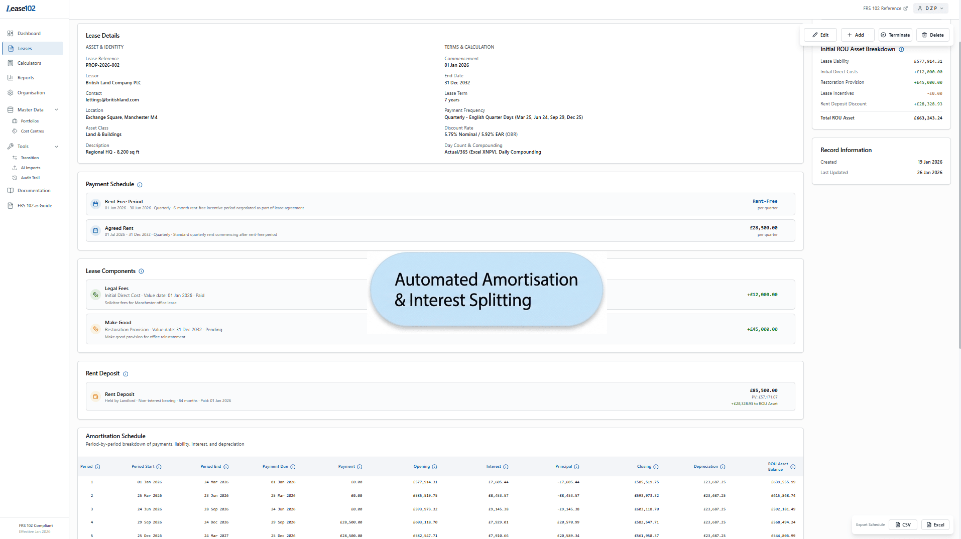 Full lease detail with amortisation schedule, payment breakdown, and ROU Asset calculations
