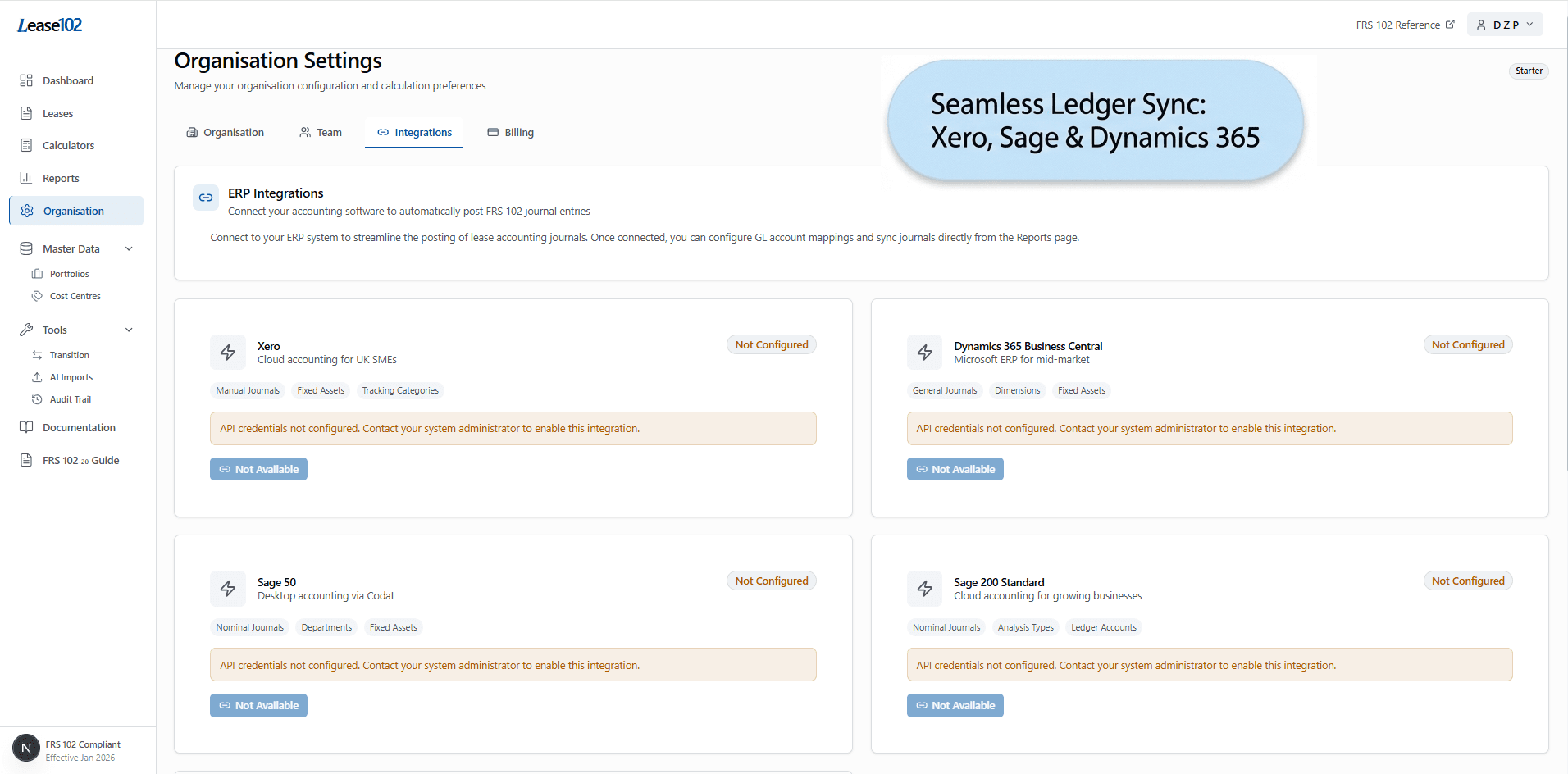 ERP integration dashboard showing Xero, Sage, and Dynamics 365 connector cards with sync status
