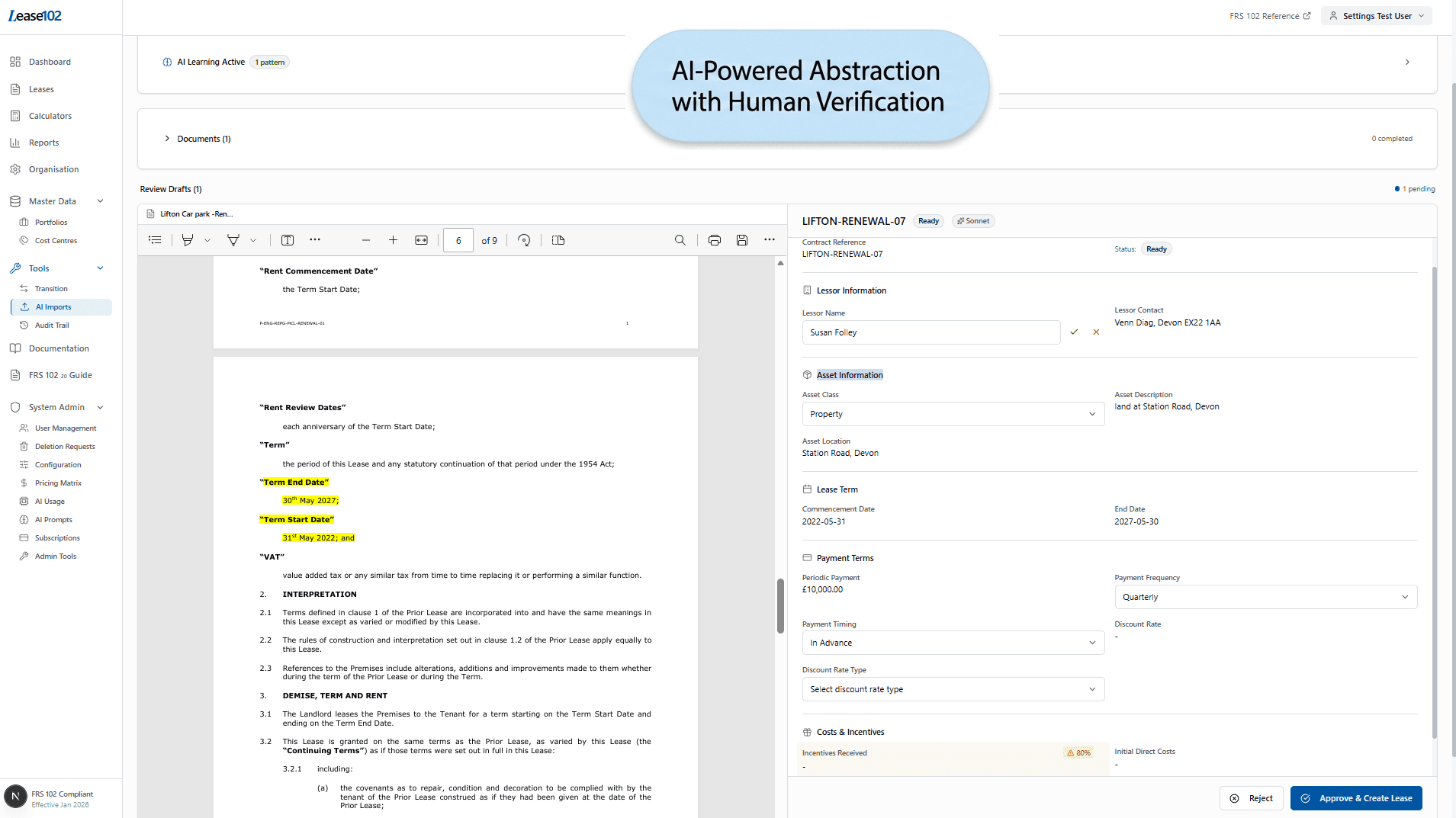 AI-powered lease document extraction with PDF viewer and parsed field extraction form