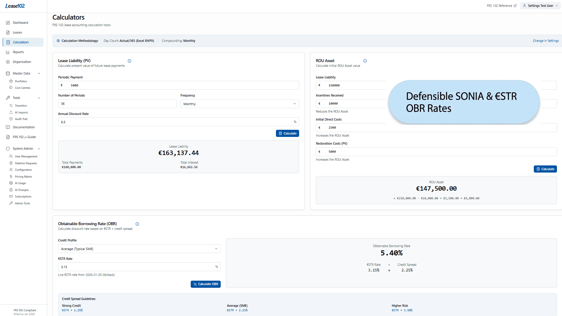 OBR calculator showing live SONIA rate with credit spread guidelines and formula breakdown