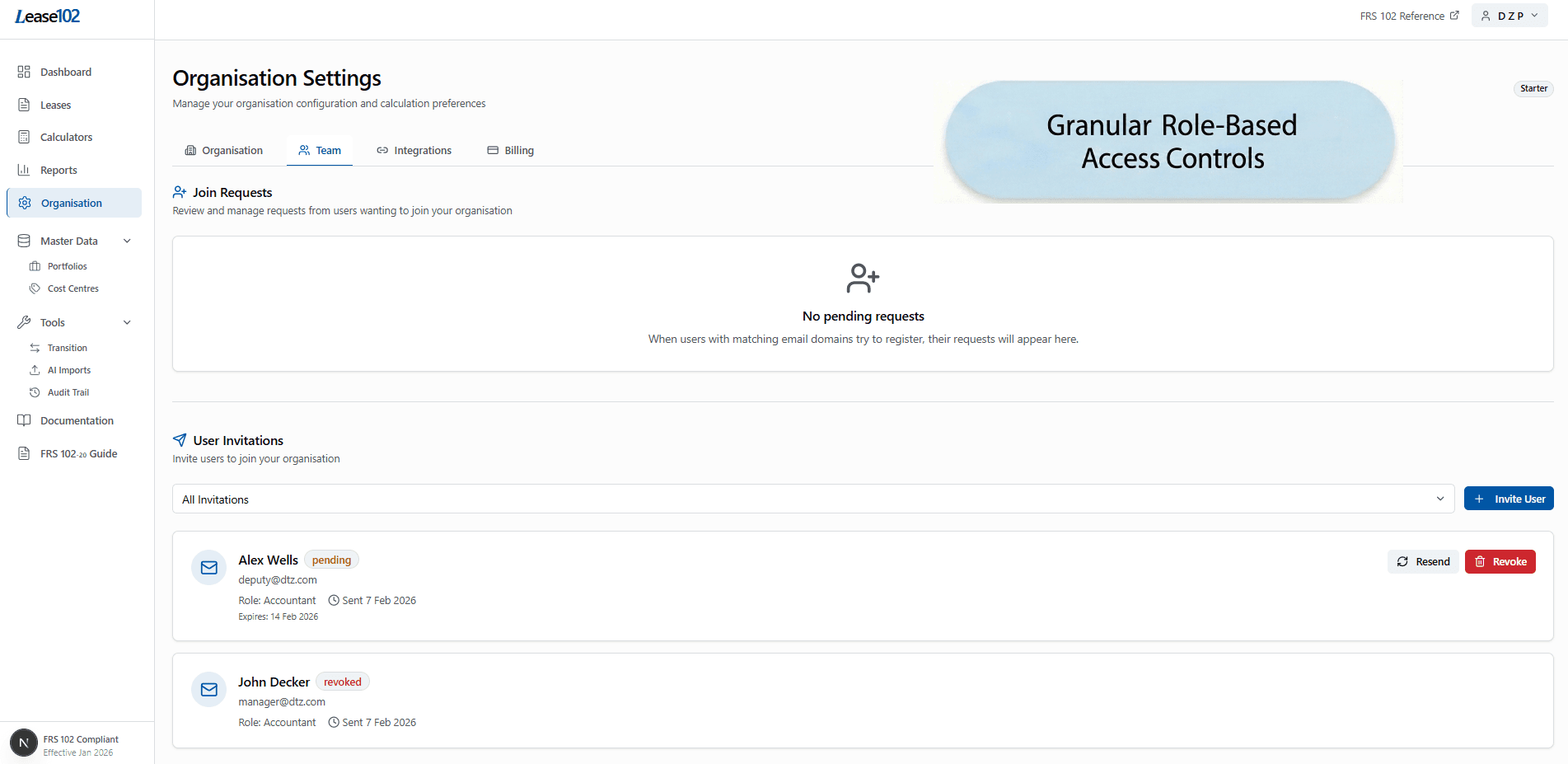 Team invitation dialog with role-based permissions for Owner, Accountant, and Viewer roles