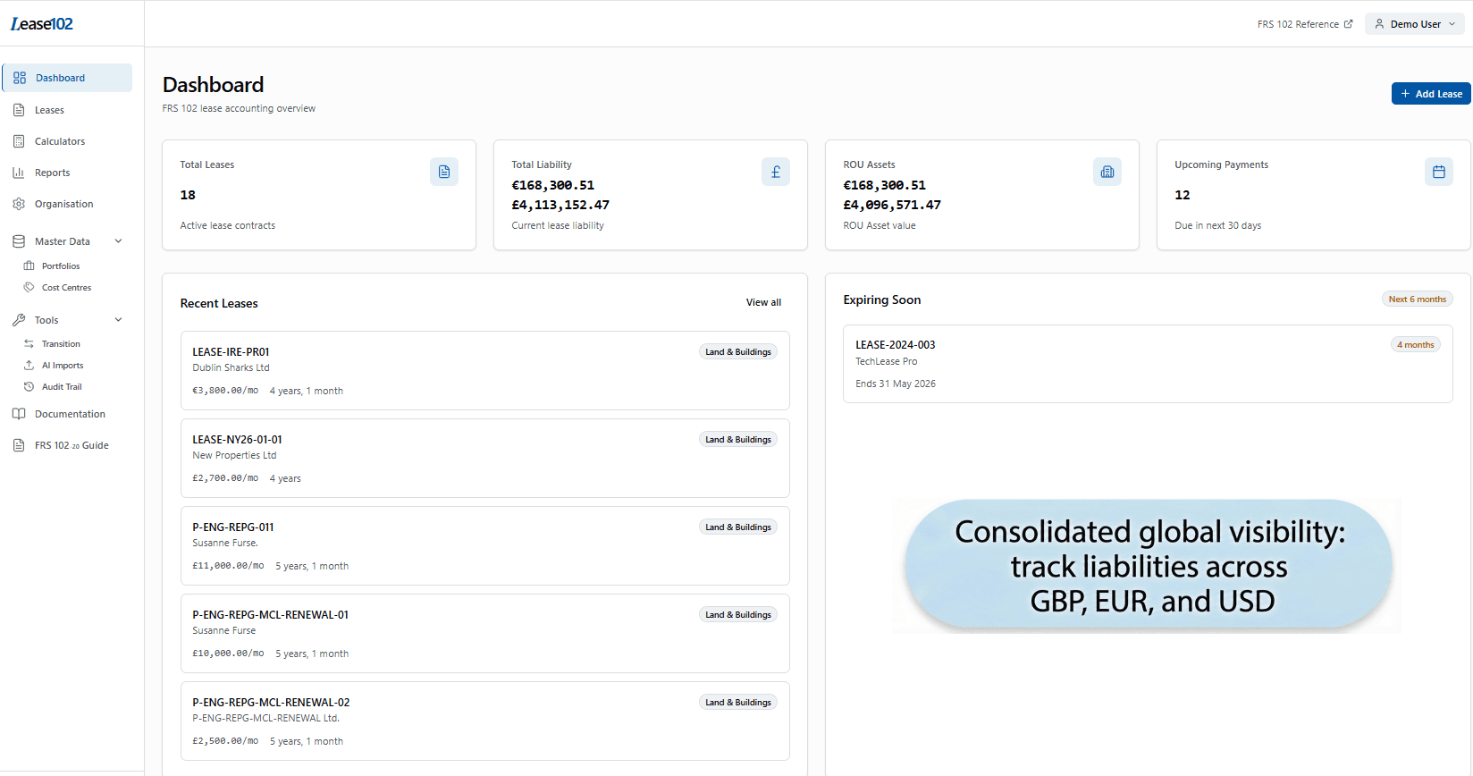 Multi-currency dashboard showing consolidated liabilities across GBP, EUR, and USD with annotated global visibility callout