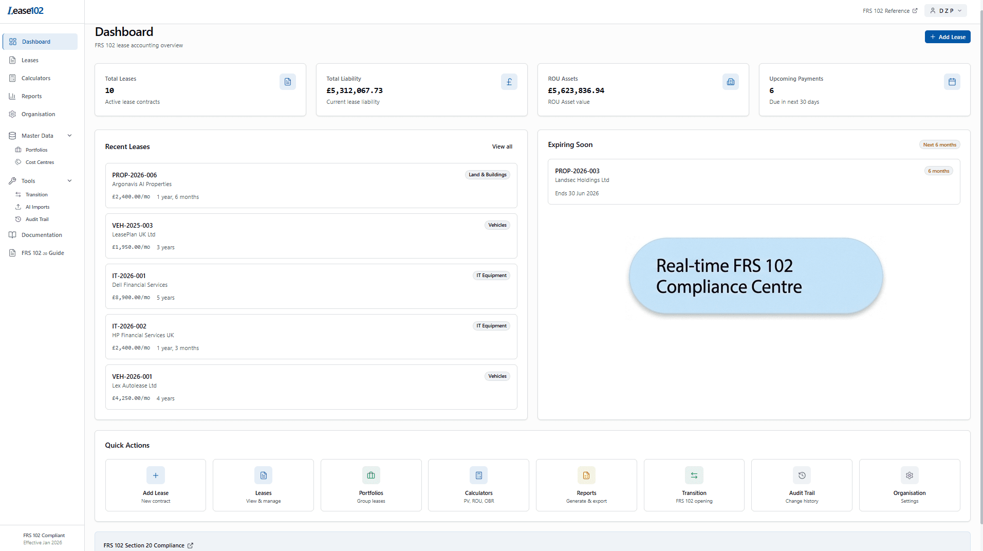 Lease102 dashboard showing real-time FRS 102 compliance overview with lease portfolio, liabilities, and ROU asset tracking